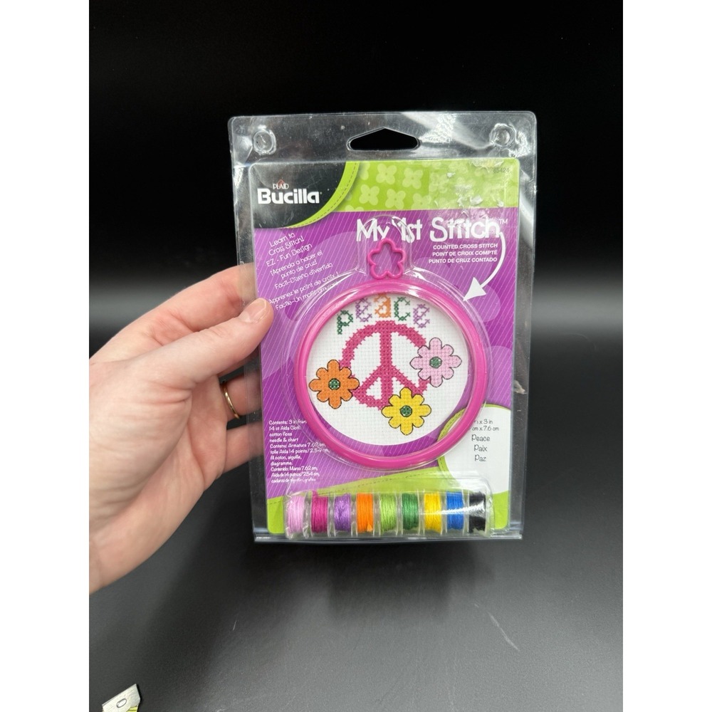 Bucilla My 1st Stitch Peace Sign Counted Cross Stitch Kit Pink Frame 45424 NWT